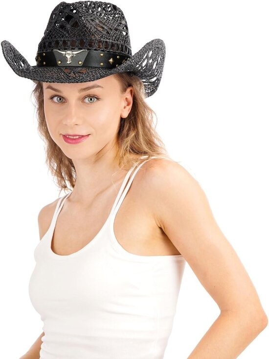 Women\'s Black Cowgirl Comfortable Classical Hat Design Wide with Shapeable Brim